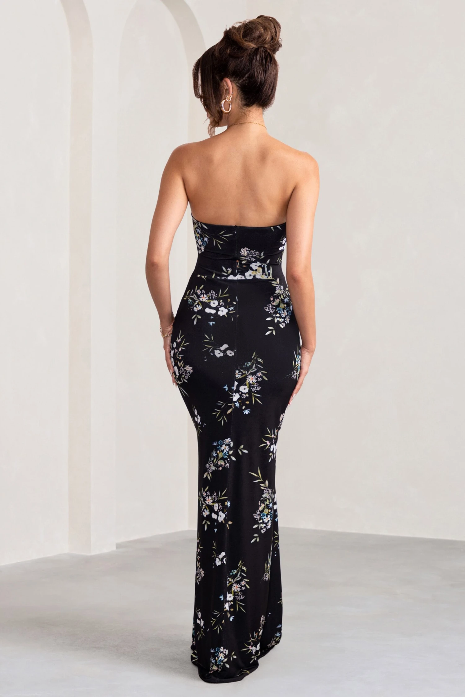 Camila | Black Floral Print Strapless Maxi Dress With Thigh Split 4 Camila | Black Floral Print Strapless Maxi Dress With Thigh Split - Image 2