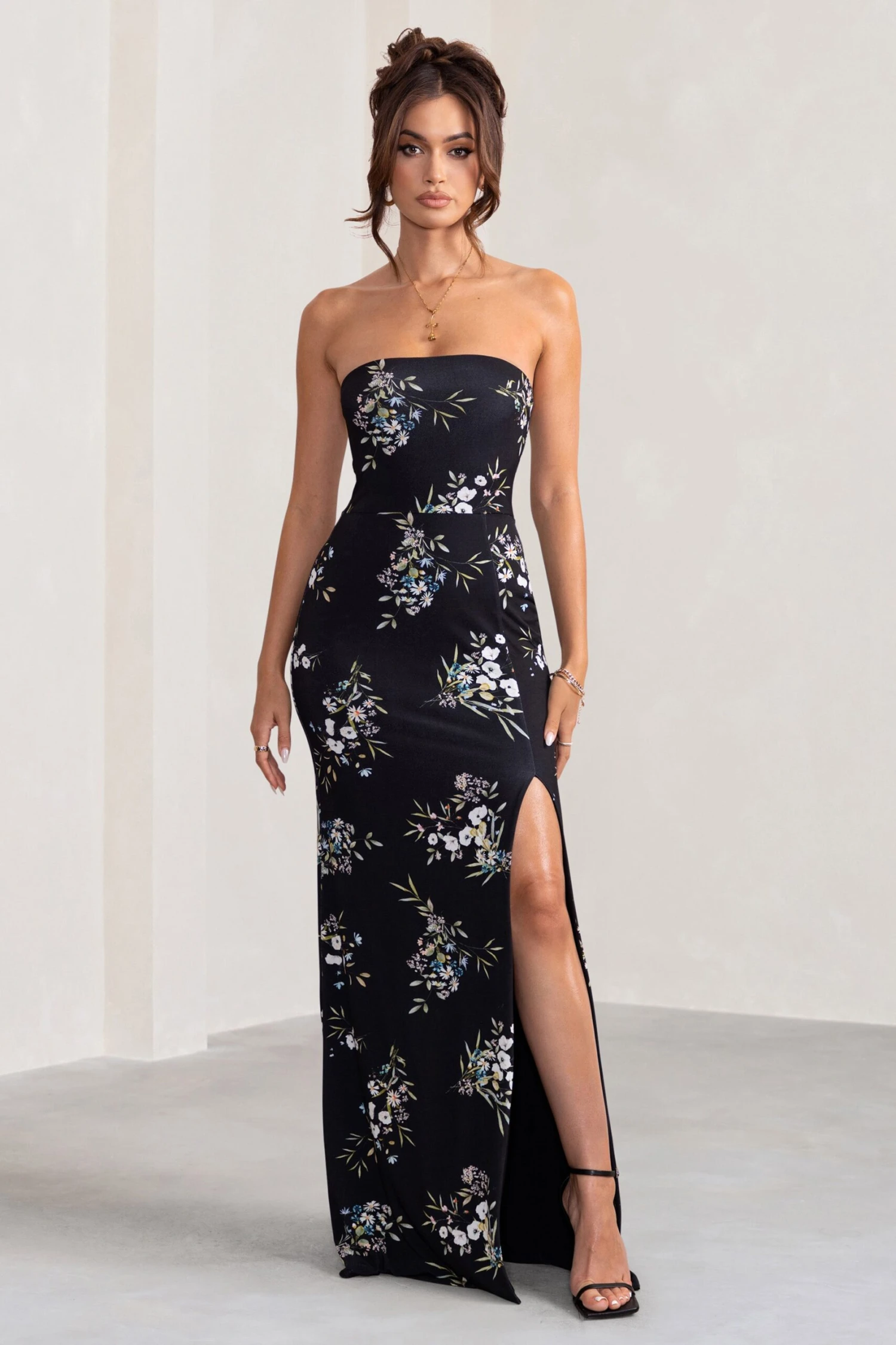 Camila | Black Floral Print Strapless Maxi Dress With Thigh Split 7 Camila | Black Floral Print Strapless Maxi Dress With Thigh Split - Image 5