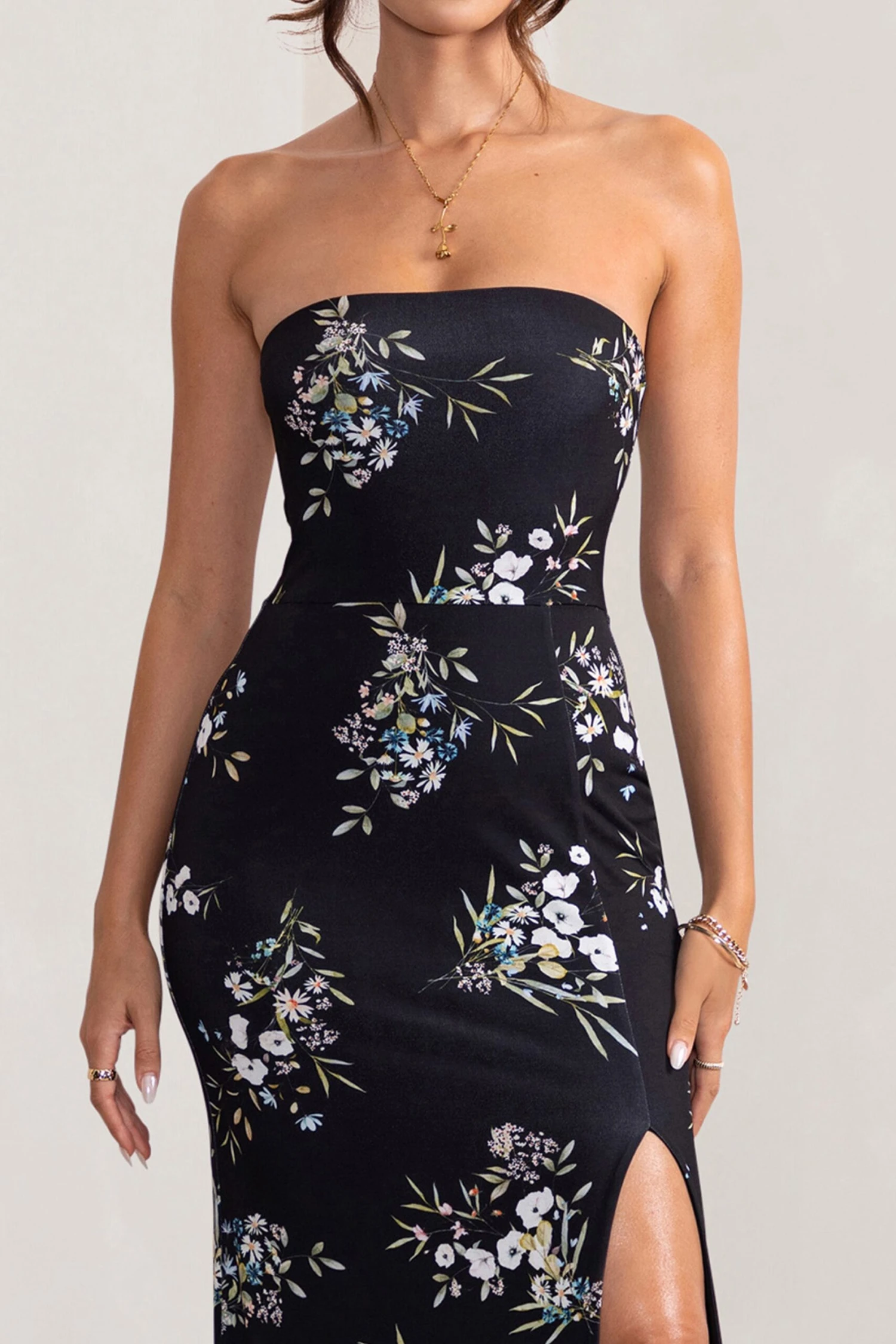 Camila | Black Floral Print Strapless Maxi Dress With Thigh Split 5 Camila | Black Floral Print Strapless Maxi Dress With Thigh Split - Image 3