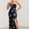 Camila | Black Floral Print Strapless Maxi Dress With Thigh Split