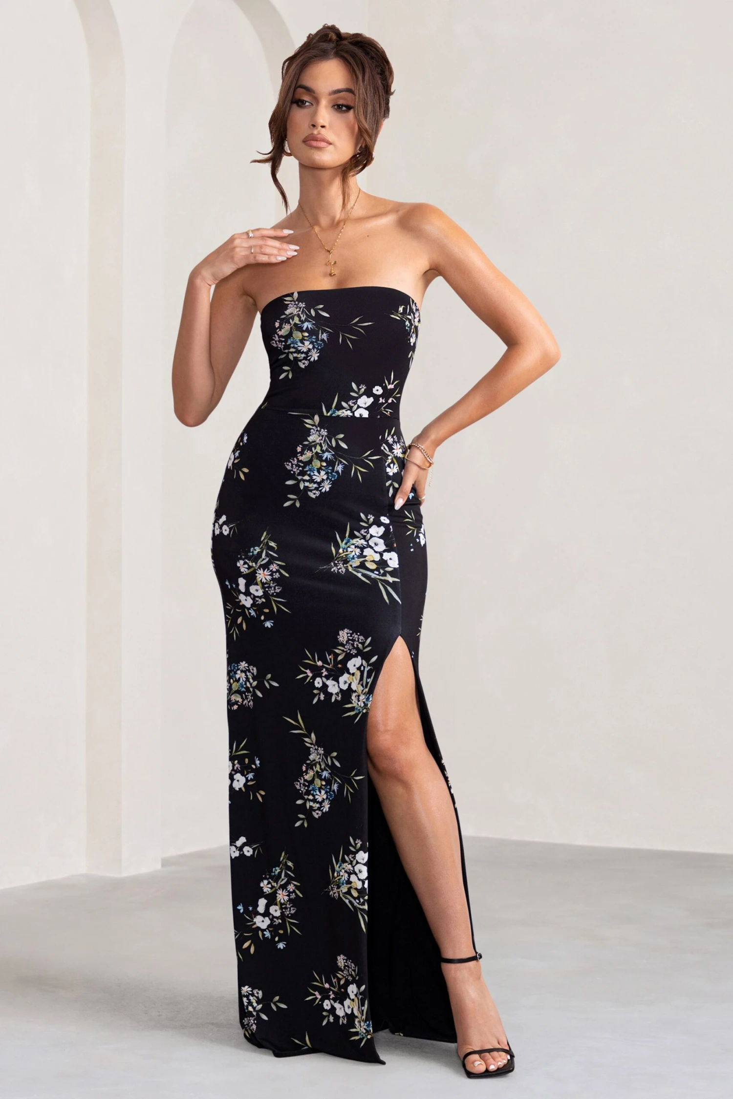 Camila | Black Floral Print Strapless Maxi Dress With Thigh Split 3 Camila | Black Floral Print Strapless Maxi Dress With Thigh Split