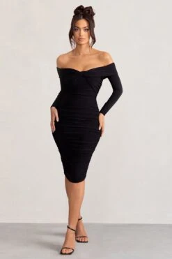 Lulu | Black Twist Front Bardot Midi Dress With Sleeves