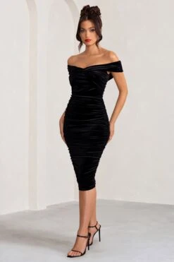 Gratitude | Black Velvet Off The Shoulder Ruched Midi Dress -Sangyong Store WB BR CL127968 GratitudeBlackVelvetOffTheShoulderRuchedMidiDress3