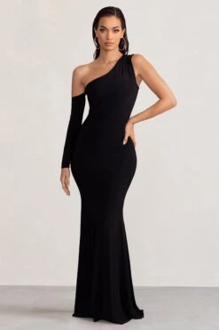 Baylor | Black One Shoulder Draped Skirt Maxi Dress -Sangyong Store WB BR CL127988 BaylorBlackOneShoulderDrapedSkirtMaxiDress0