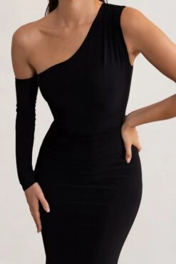 Baylor | Black One Shoulder Draped Skirt Maxi Dress -Sangyong Store WB BR CL127988 BaylorBlackOneShoulderDrapedSkirtMaxiDress5