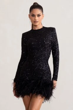 Claudia | Black Sequin High Neck Feather Hem Mini Dress With Long Sleeves -Sangyong Store WB BR CL128035 ClaudiaBlackSequinHighNeckFeatherHemMiniDressWithLongSleeves1