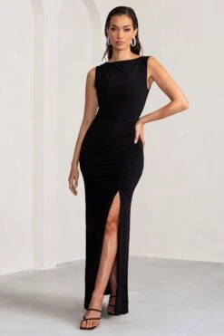 Ione | Black Ruched Wide Neck Maxi Dress With Open Back Detail 9 Ione | Black Ruched Wide Neck Maxi Dress With Open Back Detail -Sangyong Store WB BR CL128193 IoneBlackRuchedWideNeckMaxiDressWithOpenBackDetail1