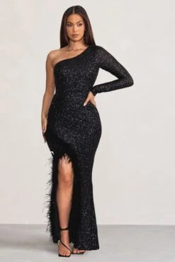 Alexis | Black One Sleeve Maxi Dress With Feather Trimmed Thigh Split 10 Alexis | Black One Sleeve Maxi Dress With Feather Trimmed Thigh Split -Sangyong Store WB BR CL128279 AlexisBlackOneSleeveMaxiDressWithFeatherTrimmedThighSplit3
