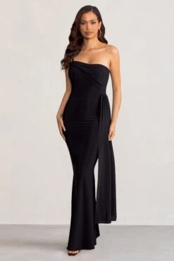 Aaliyah | Black Asymmetric Bardot Maxi Dress With Drape