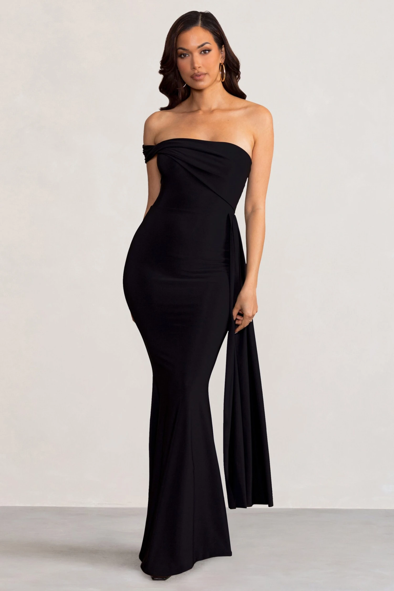 Aaliyah | Black Asymmetric Bardot Maxi Dress With Drape 6 Aaliyah | Black Asymmetric Bardot Maxi Dress With Drape - Image 4