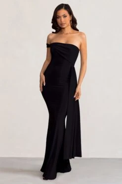 Aaliyah | Black Asymmetric Bardot Maxi Dress With Drape 11 Aaliyah | Black Asymmetric Bardot Maxi Dress With Drape -Sangyong Store WB BR CL128282 AaliyahBlackAsymmetricBardotMaxiDresswithDrape2