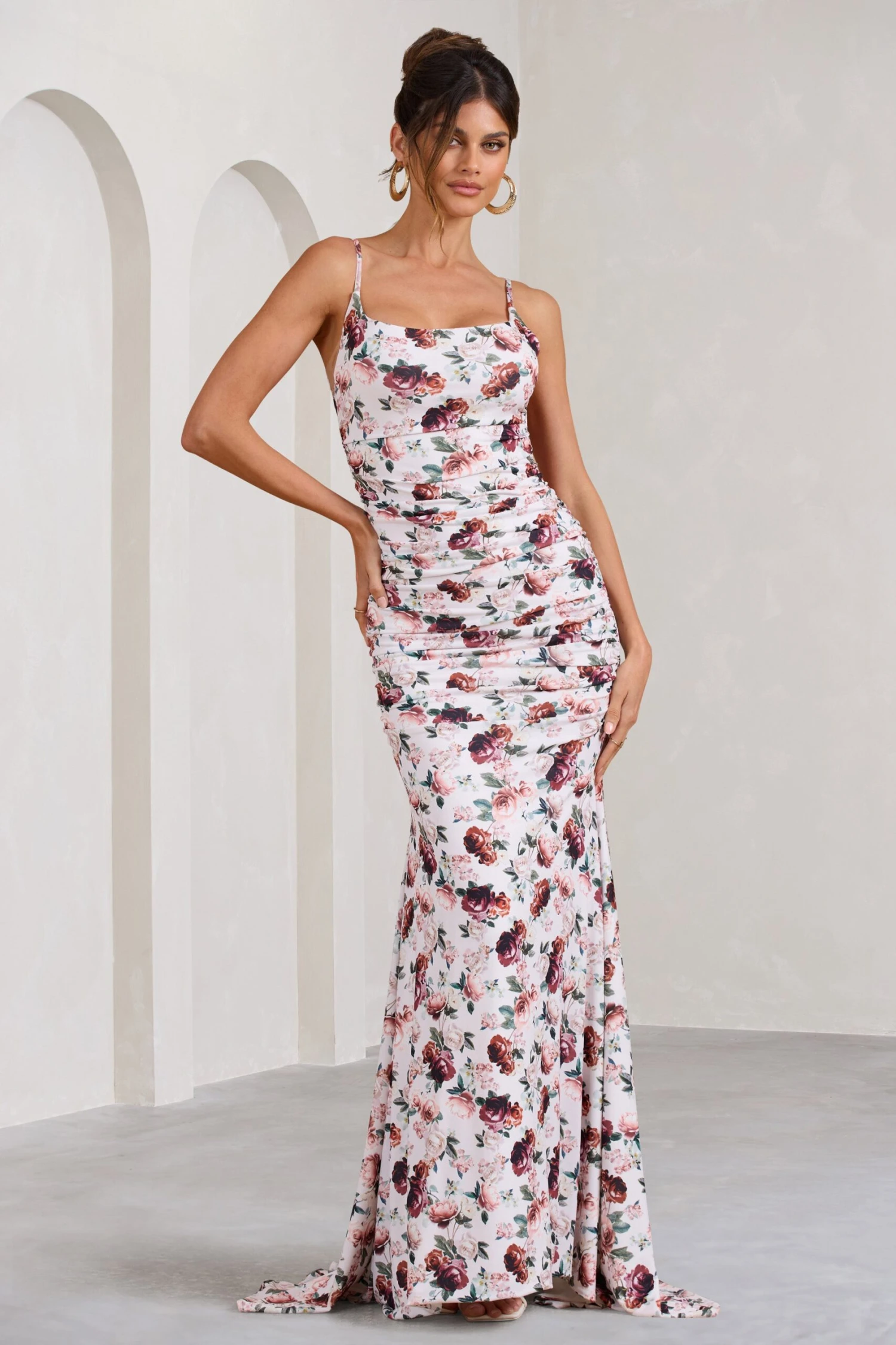 Adele | White Floral Print Backless Ruched Fishtail Cami Maxi Dress 3 Adele | White Floral Print Backless Ruched Fishtail Cami Maxi Dress