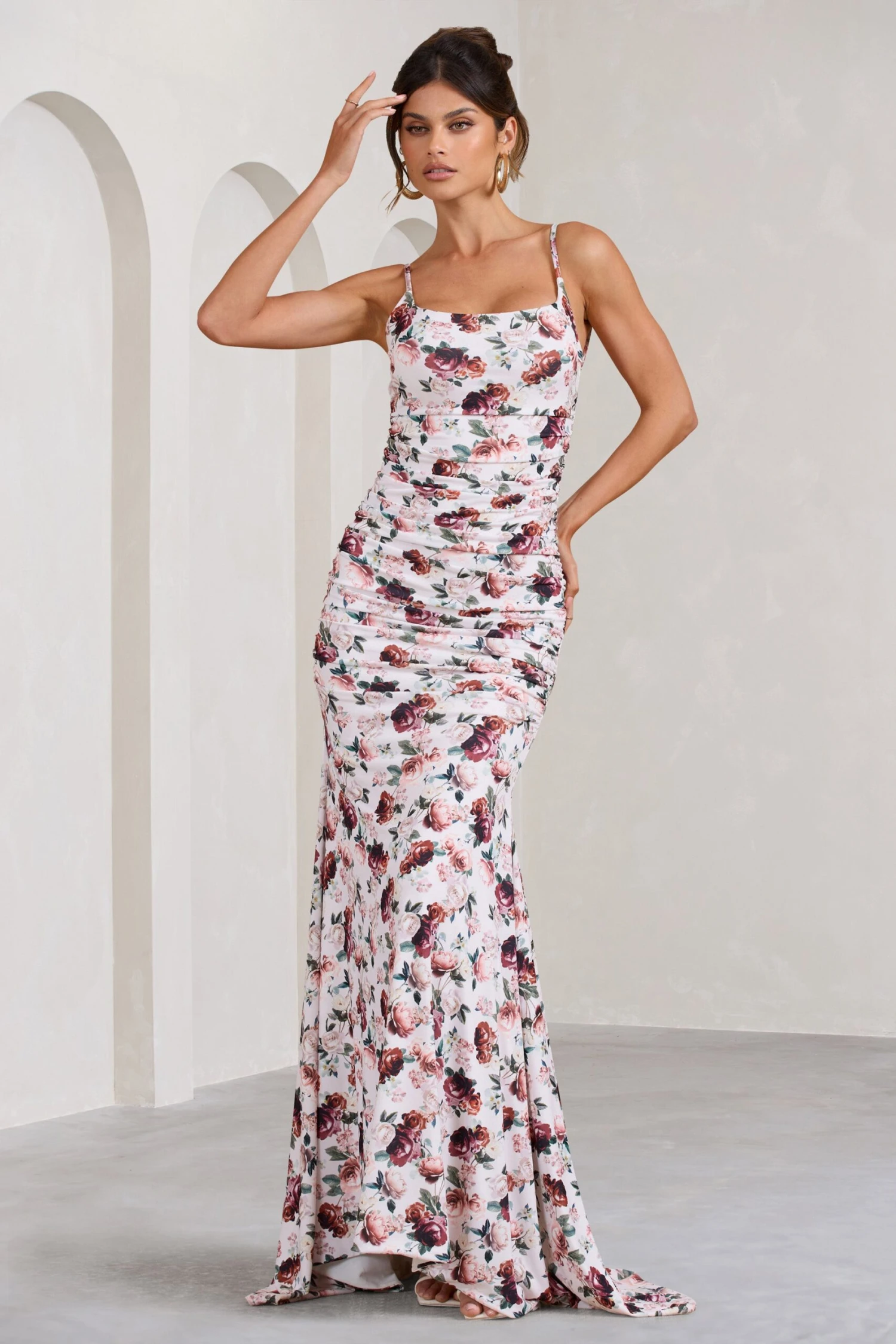 Adele | White Floral Print Backless Ruched Fishtail Cami Maxi Dress 6 Adele | White Floral Print Backless Ruched Fishtail Cami Maxi Dress - Image 4