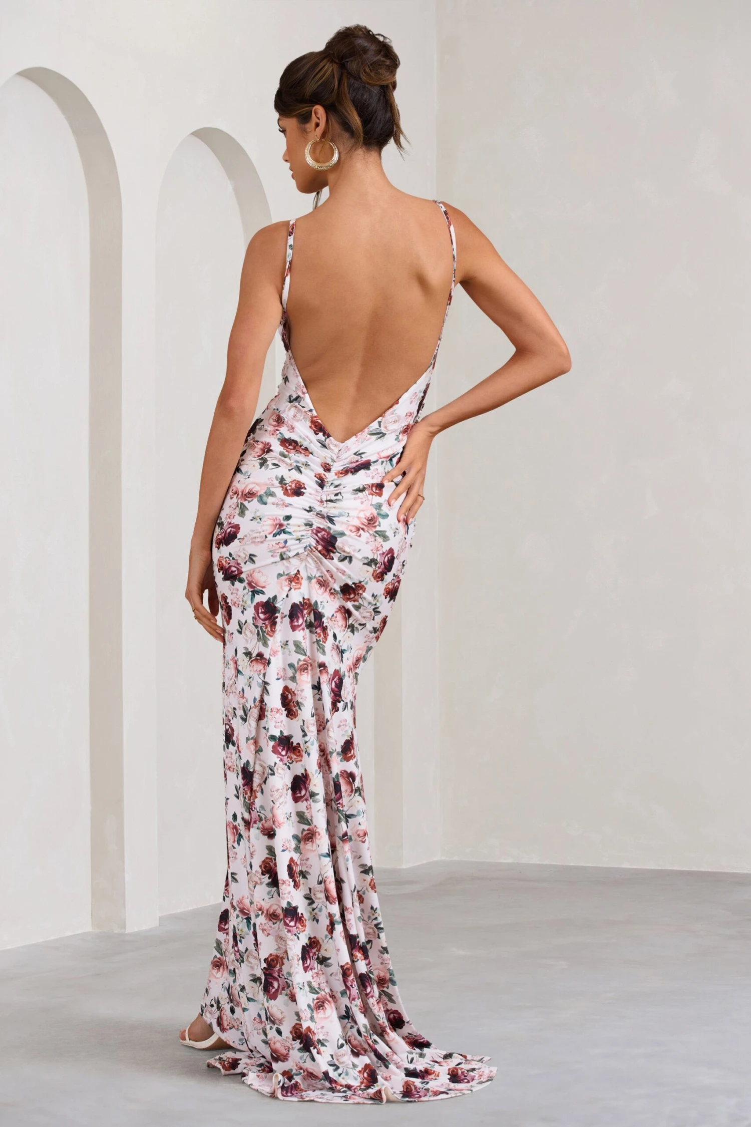 Adele | White Floral Print Backless Ruched Fishtail Cami Maxi Dress 4 Adele | White Floral Print Backless Ruched Fishtail Cami Maxi Dress - Image 2