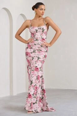 Adele | Pink Floral Print Backless Ruched Fishtail Cami Maxi Dress
