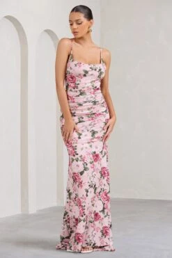 Adele | Pink Floral Print Backless Ruched Fishtail Cami Maxi Dress -Sangyong Store WB BR CL128390146 AdelePinkFloralPrintBacklessRuchedFishtailCamiMaxiDress2