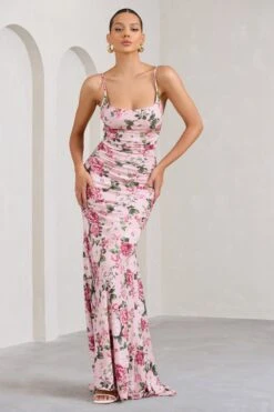 Adele | Pink Floral Print Backless Ruched Fishtail Cami Maxi Dress -Sangyong Store WB BR CL128390146 AdelePinkFloralPrintBacklessRuchedFishtailCamiMaxiDress3