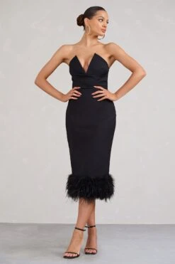 Kensington | Black Bodycon Midi Dress With Statement Feather Trim -Sangyong Store WB BR CL128439002 KensingtonBlackBodyconMidiDressWithStatementFeatherTrim1