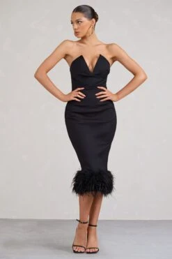 Kensington | Black Bodycon Midi Dress With Statement Feather Trim -Sangyong Store WB BR CL128439002 KensingtonBlackBodyconMidiDressWithStatementFeatherTrim2