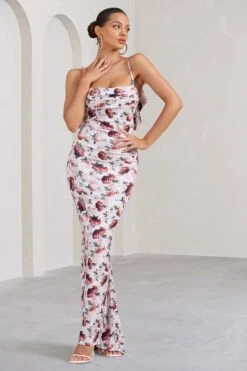 Flute | White Floral Bodycon Maxi Dress With Ruched Ruffled Back -Sangyong Store WB BR CL128443136 FluteWhiteFloralBodyconMaxiDressWithRuchedRuffledBack1
