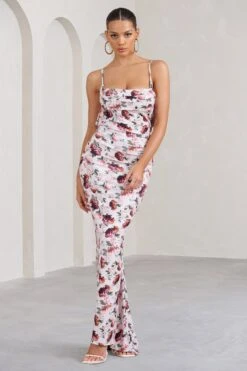Flute | White Floral Bodycon Maxi Dress With Ruched Ruffled Back -Sangyong Store WB BR CL128443136 FluteWhiteFloralBodyconMaxiDressWithRuchedRuffledBack2