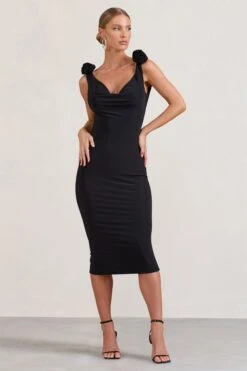 Midnight Rose | Black Cowl-Neck Midi Dress With Floral Corsages -Sangyong Store WB BR CL128451002 RosyBlackCowl NeckMidiDressWithFloralCorsages3