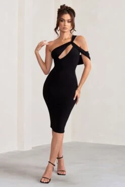 Ella | Black Asymmetric Neck Cut Out Midi Dress -Sangyong Store WB BR CL129002 EllaBlackAsymmetricNeckCutOutMidiDress1