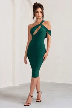 Ella | Bottle Green Asymmetric Neck Cut Out Midi Dress -Sangyong Store WB BR CL129002 EllaBottleGreenAsymmetricNeckCutOutMidiDress3
