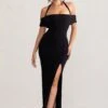 Anisa | Black Halter Neck Bardot Maxi Dress With Thigh Split -Sangyong Store WB BR CL129055 AnisaBlackLayeredHalterNeckBardotMaxiDressWithThighSplit0