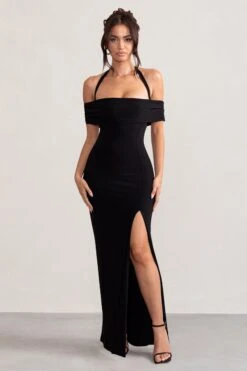 Anisa | Black Halter Neck Bardot Maxi Dress With Thigh Split -Sangyong Store WB BR CL129055 AnisaBlackLayeredHalterNeckBardotMaxiDressWithThighSplit3