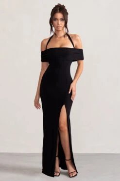 Anisa | Black Halter Neck Bardot Maxi Dress With Thigh Split -Sangyong Store WB BR CL129055 AnisaBlackLayeredHalterNeckBardotMaxiDressWithThighSplit4