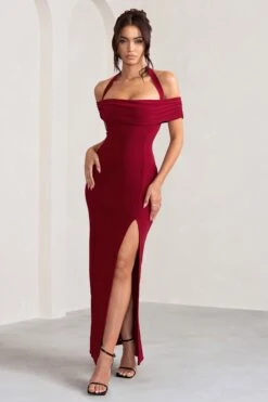 Anisa | Burgundy Halter Neck Bardot Maxi Dress With Thigh Split -Sangyong Store WB BR CL129055 AnisaBurgundyLayeredHalterNeckBardotMaxiDressWithThighSplit2