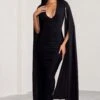 Georgiana | Black Plunge Ruched Maxi Dress With Cape Sleeves -Sangyong Store WB BR CL129241 GeorgianaBlackPlungeRuchedMaxiDresswithCapeSleeves2