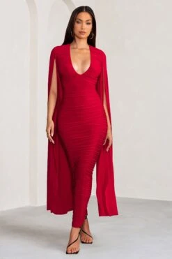 Georgiana | Red Plunge Ruched Maxi Dress With Cape Sleeves -Sangyong Store WB BR CL129241 GeorgianaRedPlungeRuchedMaxiDresswithCapeSleeves2 1