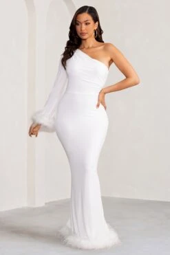 Martha | White One Sleeve Maxi Dress With Feather Cuff And Hemline