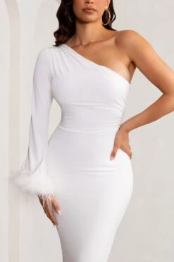 Martha | White One Sleeve Maxi Dress With Feather Cuff And Hemline -Sangyong Store WB BR CL129244 MarthaWhiteOneSleeveMaxiDresswithFeatherCuffandHemline3