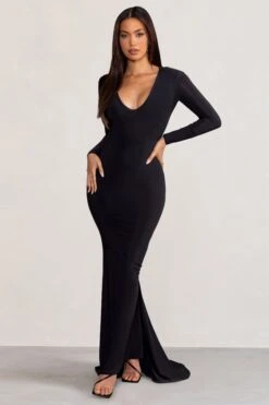 Adore | Black Long Sleeve Plunge Maxi Dress With Hood