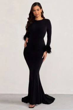 Betty | Black High Neck Long Sleeve Maxi Dress With Feather Cuffs -Sangyong Store WB BR CL129250 BettyBlackHighNeckLongSleeveMaxiDresswithFeatherCuffs0