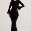Betty | Black High Neck Long Sleeve Maxi Dress With Feather Cuffs