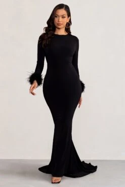 Betty | Black High Neck Long Sleeve Maxi Dress With Feather Cuffs -Sangyong Store WB BR CL129250 BettyBlackHighNeckLongSleeveMaxiDresswithFeatherCuffs3