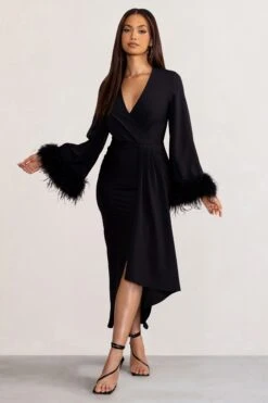 Jenna | Black Plunge Midi Dress With Feather Trim Wide Sleeves And Front Tie Drape -Sangyong Store WB BR CL129255 JennaBlackPlungeMidiDresswithFeatherTrimWideSleevesandFrontTieDrape1