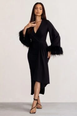 Jenna | Black Plunge Midi Dress With Feather Trim Wide Sleeves And Front Tie Drape -Sangyong Store WB BR CL129255 JennaBlackPlungeMidiDresswithFeatherTrimWideSleevesandFrontTieDrape2