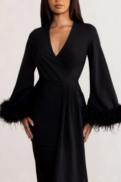 Jenna | Black Plunge Midi Dress With Feather Trim Wide Sleeves And Front Tie Drape -Sangyong Store WB BR CL129255 JennaBlackPlungeMidiDresswithFeatherTrimWideSleevesandFrontTieDrape5