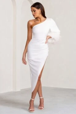 Gigi | White Asymmetric Midi Dress With Feather Trim Cape Sleeve