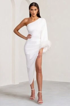 Gigi | White Asymmetric Midi Dress With Feather Trim Cape Sleeve -Sangyong Store WB BR CL129256 GigiWhiteAsymmetricMidiDresswithFeatherTrimCapeSleeve3