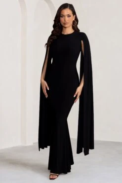 Kimmy | Black High Neck Maxi Dress With Cape Sleeves -Sangyong Store WB BR CL129258 KimmyBlackHighNeckMaxiDresswithFloorLengthSleeves0