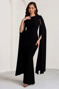 Kimmy | Black High Neck Maxi Dress With Cape Sleeves -Sangyong Store WB BR CL129258 KimmyBlackHighNeckMaxiDresswithFloorLengthSleeves2