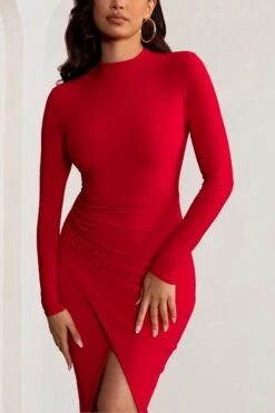 Alana | Red Long Sleeve High Neck Maxi Dress With Ruched Waist And Front Split -Sangyong Store WB BR CL129259 AlanaRedLongSleeveHighNeckMaxiDresswithRuchedWaistandFrontSplit4