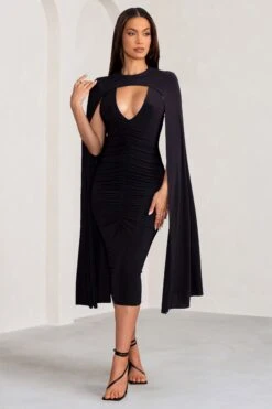 Myla | Black V-Neck Ruched Midi Dress With Cape Overlay -Sangyong Store WB BR CL129260 MylaBlackV NeckRuchedMidiDresswithCapeOverlay1
