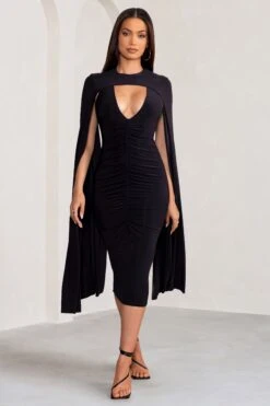 Myla | Black V-Neck Ruched Midi Dress With Cape Overlay -Sangyong Store WB BR CL129260 MylaBlackV NeckRuchedMidiDresswithCapeOverlay3